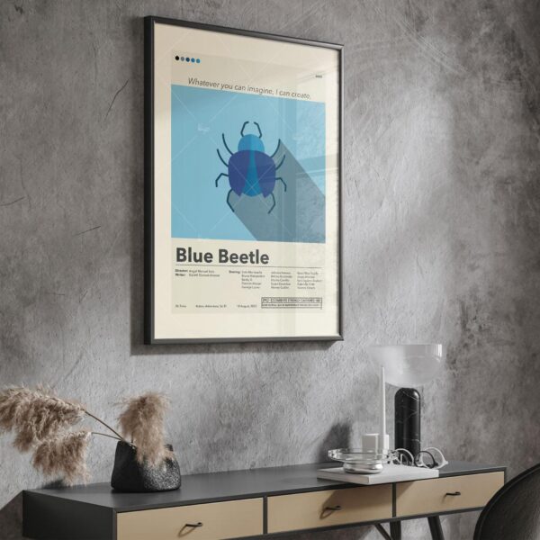 Mid-century modern graphic design poster of Blue Beetle movie in blue tones
