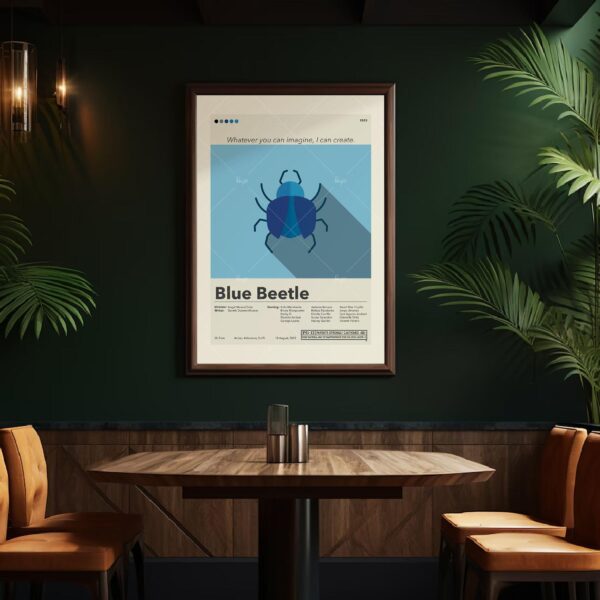 Mid-century modern graphic design poster of Blue Beetle movie in blue tones