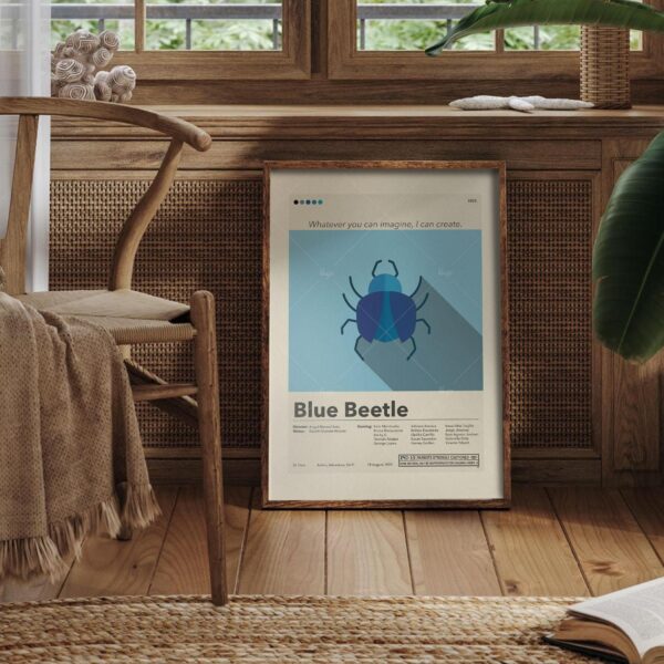 Mid-century modern graphic design poster of Blue Beetle movie in blue tones