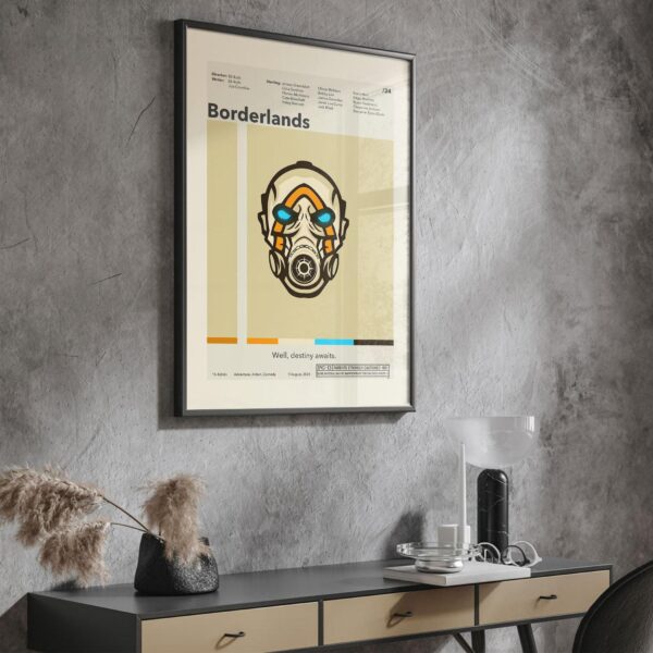 Mid-century modern poster of Borderlands movie with retro furniture design