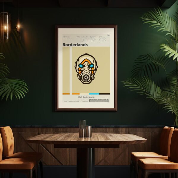 Mid-century modern poster of Borderlands movie with retro furniture design