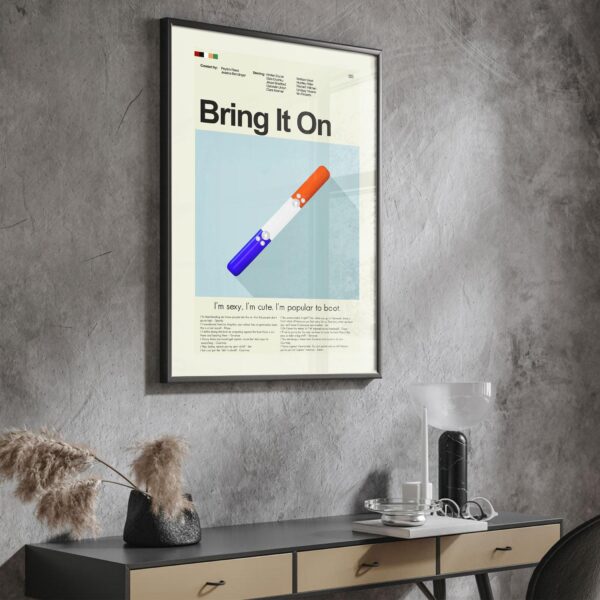 Mid-century modern poster of Bring It On movie artwork and title