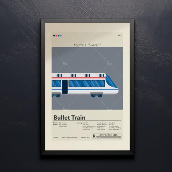 Mid-century modern Bullet Train movie poster wall art with retro design