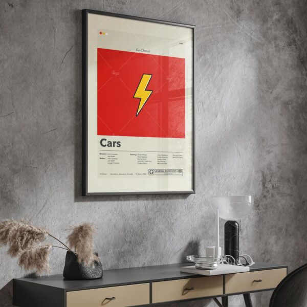 Vintage mid-century modern Cars movie poster with classic car illustration