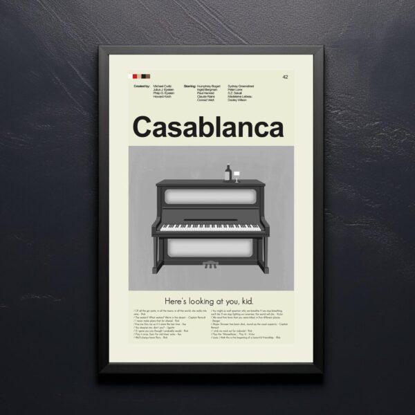 Mid-century modern Casablanca movie poster with vintage design elements