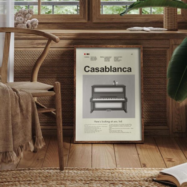 Mid-century modern Casablanca movie poster with vintage design elements
