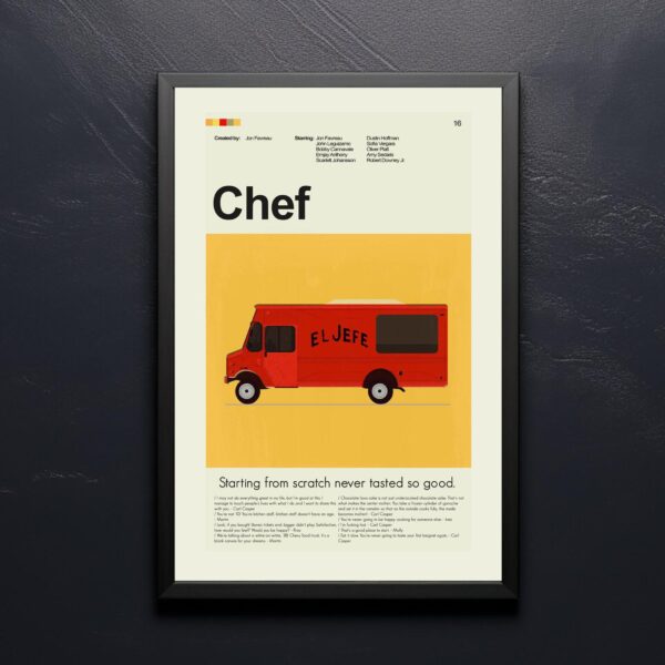 Mid-century modern Chef movie poster with vintage wall art style