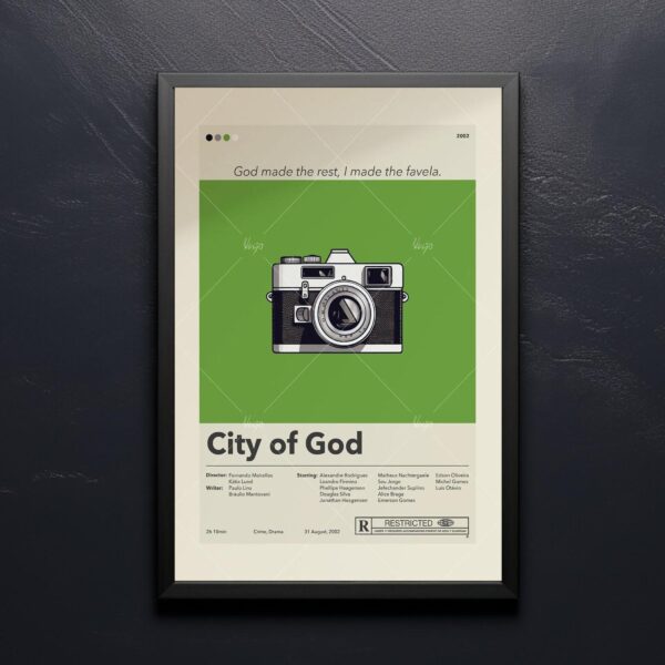 City of God movie poster in mid-century modern style by 20th Century Studios
