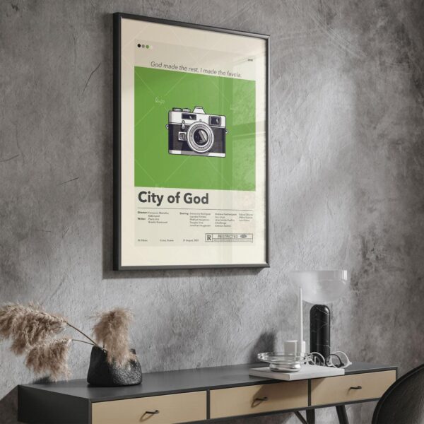 City of God movie poster in mid-century modern style by 20th Century Studios