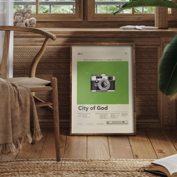 City of God movie poster in mid-century modern style by 20th Century Studios