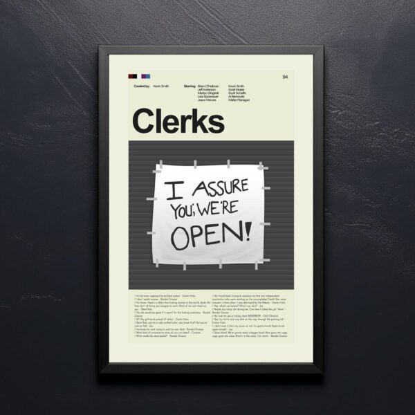 Mid-century modern Clerks movie poster with retro graphic design elements