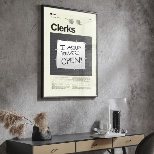 Mid-century modern Clerks movie poster with retro graphic design elements