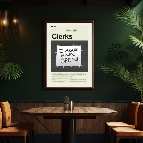 Mid-century modern Clerks movie poster with retro graphic design elements