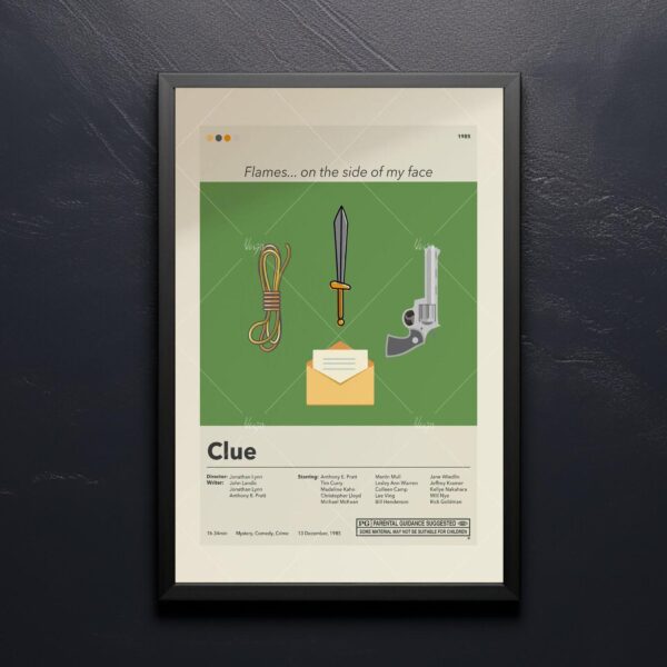 Large mid-century modern Clue movie poster with vintage design