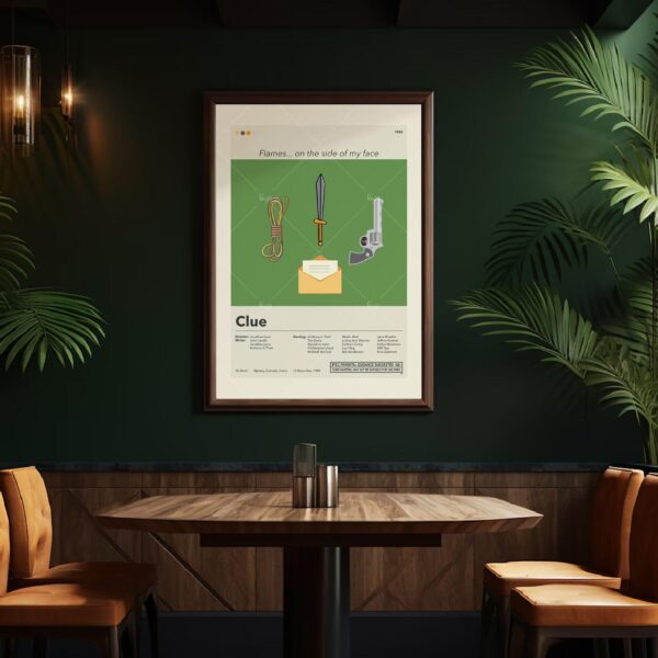 Large mid-century modern Clue movie poster with vintage design