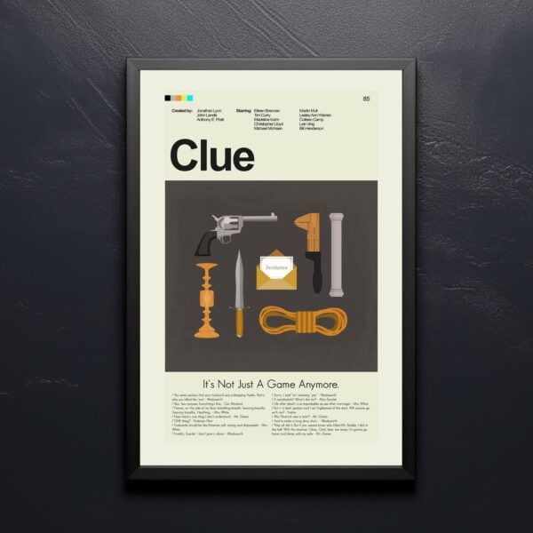 Mid-century modern Clue movie poster wall art with vintage design