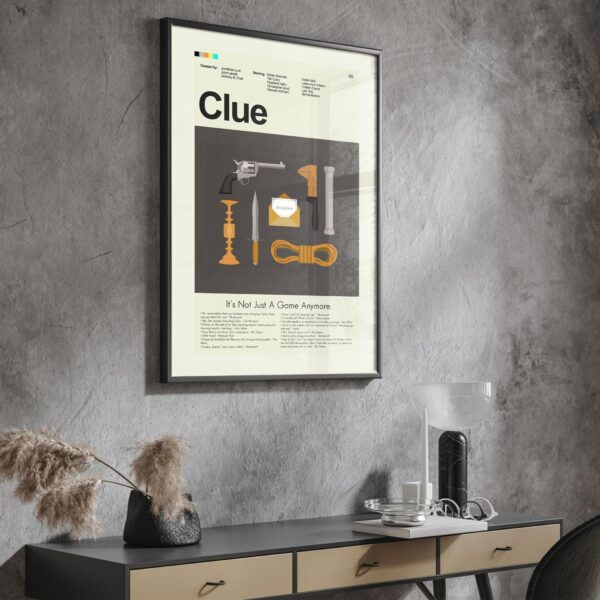 Mid-century modern Clue movie poster wall art with vintage design