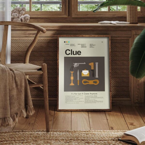 Mid-century modern Clue movie poster wall art with vintage design