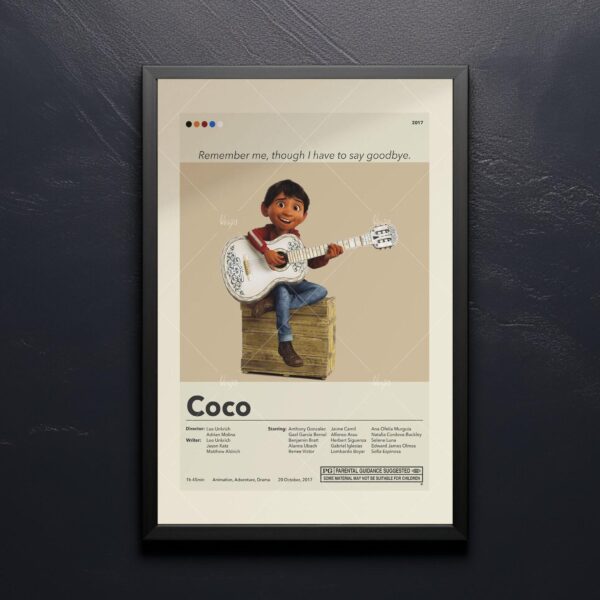 Mid-century modern Coco movie poster featuring 20th century artistic design
