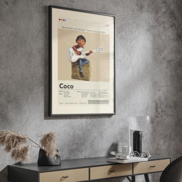 Mid-century modern Coco movie poster featuring 20th century artistic design
