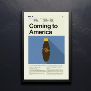 Coming to America movie poster in mid-century modern design style