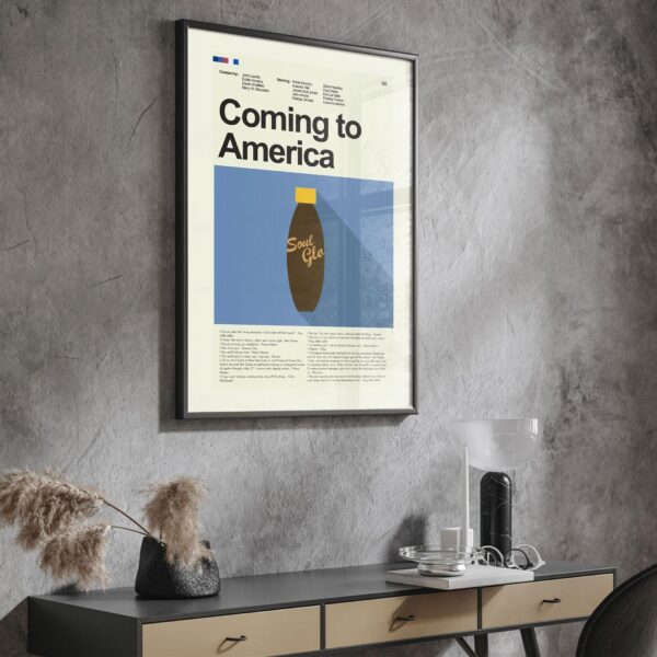 Coming to America movie poster in mid-century modern design style