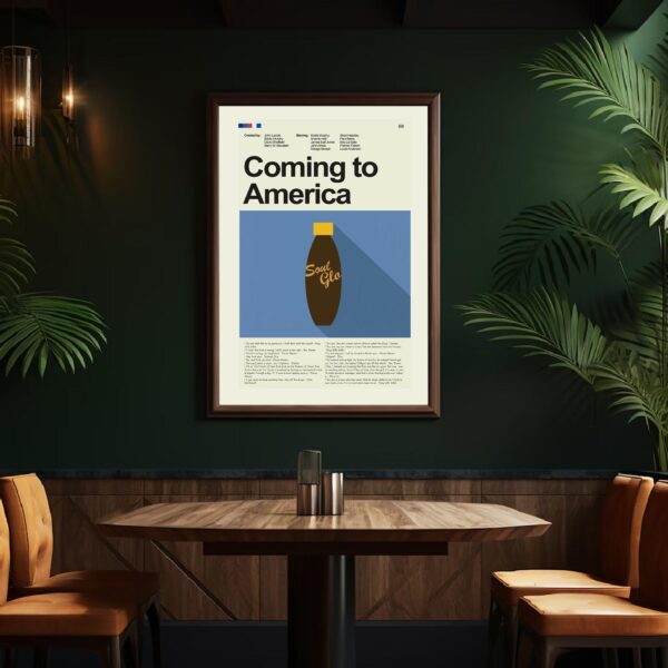 Coming to America movie poster in mid-century modern design style