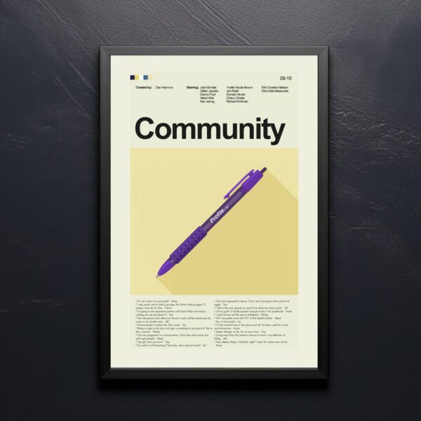 Mid-century modern Community movie poster art with bold retro design