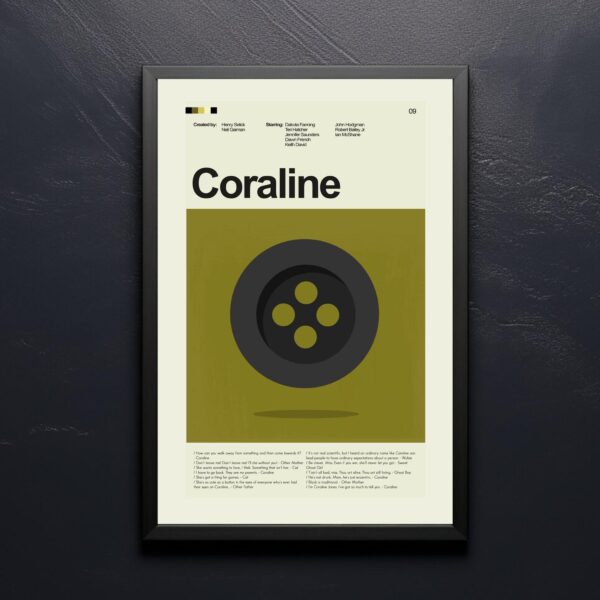 Mid-century modern Coraline movie poster featuring furniture design