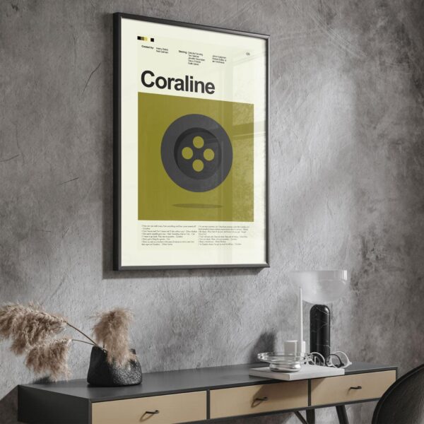 Mid-century modern Coraline movie poster featuring furniture design