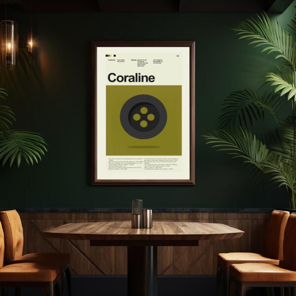 Mid-century modern Coraline movie poster featuring furniture design