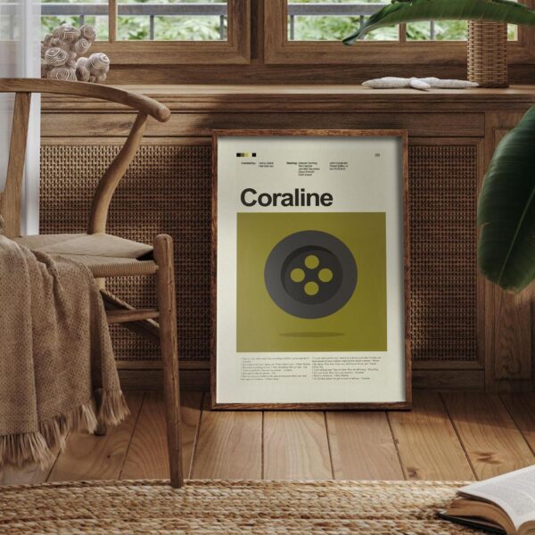 Mid-century modern Coraline movie poster featuring furniture design