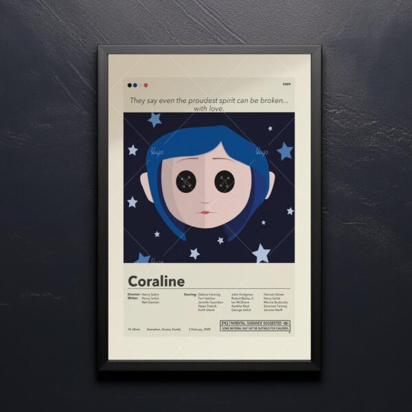 Mid-century modern Coraline movie poster with retro design elements