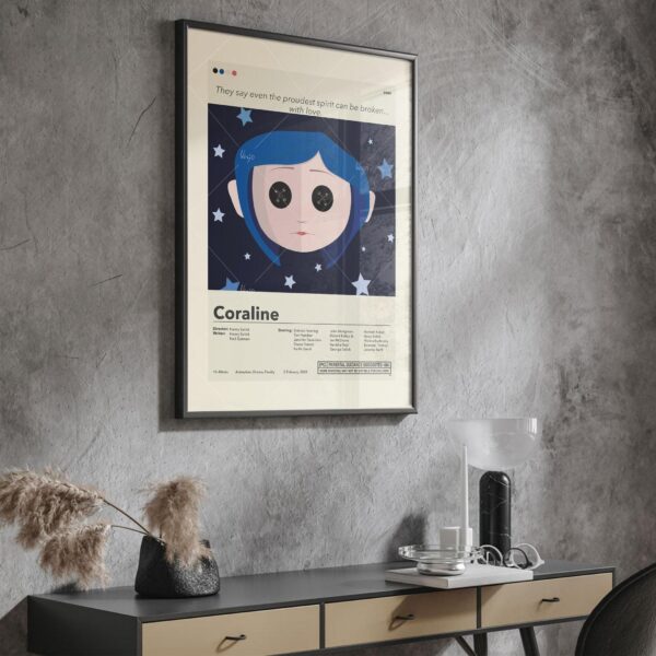 Mid-century modern Coraline movie poster with retro design elements