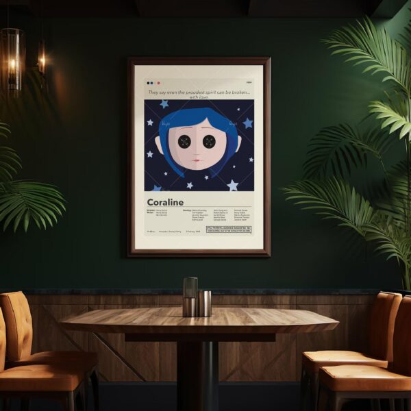 Mid-century modern Coraline movie poster with retro design elements