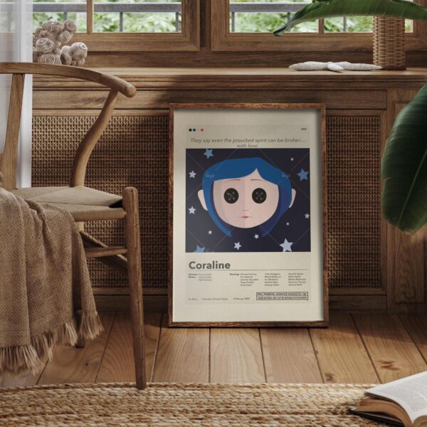 Mid-century modern Coraline movie poster with retro design elements