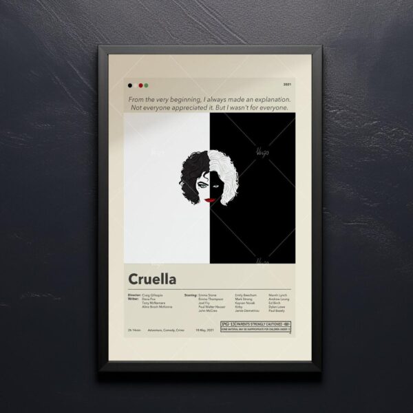 Mid-century modern style Cruella movie poster from mid 20th century