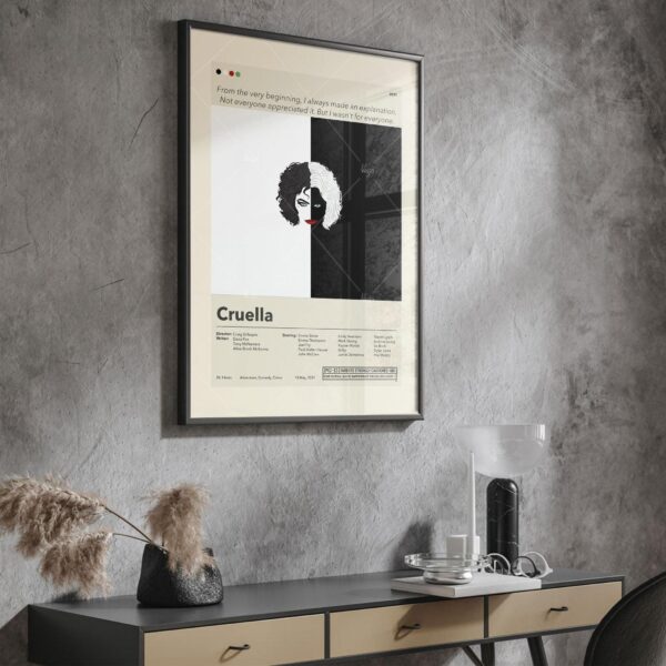 Mid-century modern style Cruella movie poster from mid 20th century