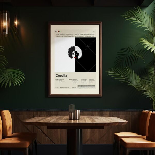 Mid-century modern style Cruella movie poster from mid 20th century