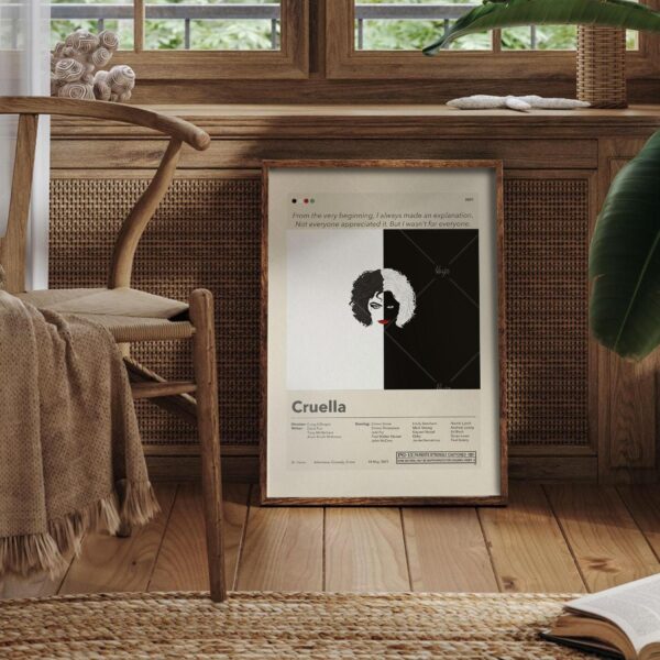 Mid-century modern style Cruella movie poster from mid 20th century