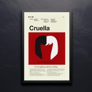 Mid-century modern style Cruella movie poster with bold graphic design