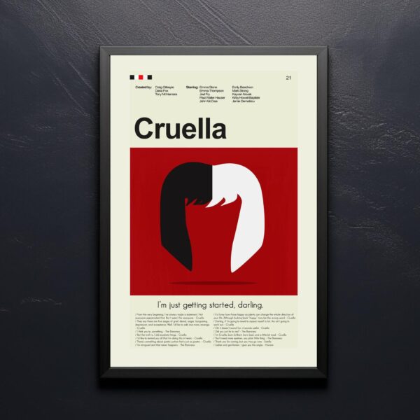 Mid-century modern style Cruella movie poster with bold graphic design