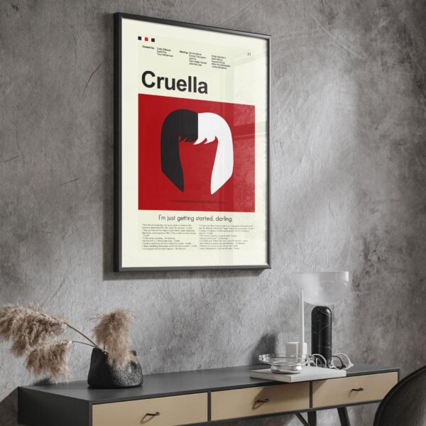 Mid-century modern style Cruella movie poster with bold graphic design