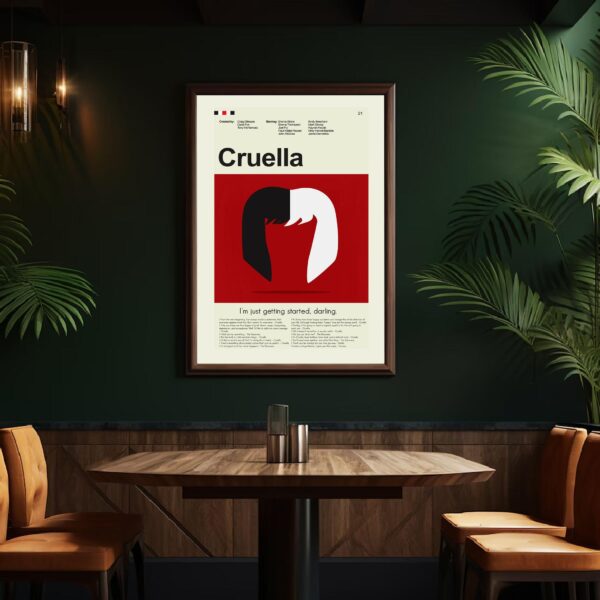 Mid-century modern style Cruella movie poster with bold graphic design