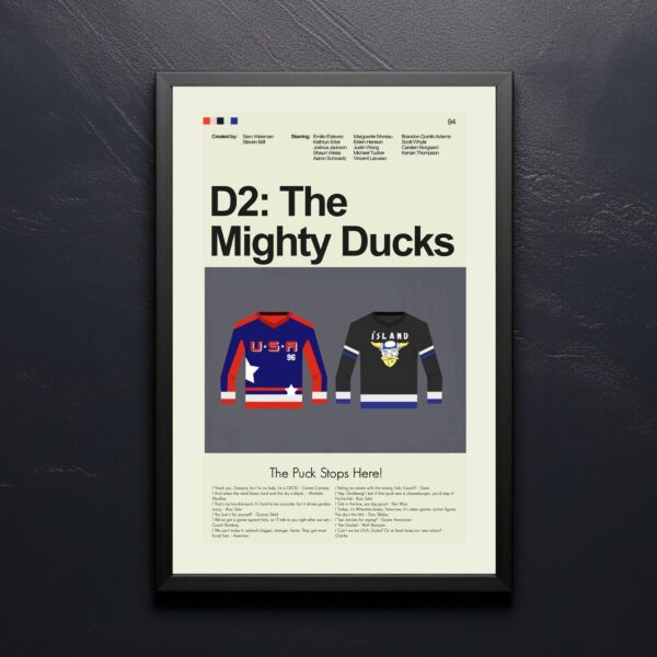 Mid-century modern poster of The Mighty Ducks movie with vintage style
