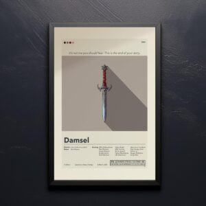 Mid-century modern Damsel movie poster featuring a stylish house illustration