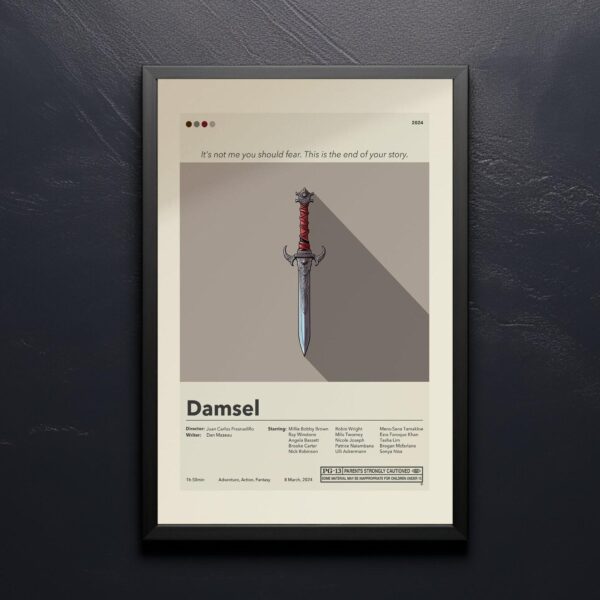 Mid-century modern Damsel movie poster featuring a stylish house illustration