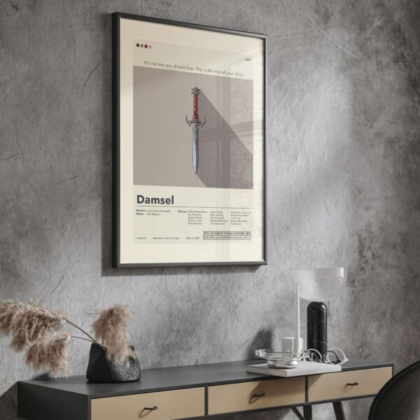 Mid-century modern Damsel movie poster featuring a stylish house illustration