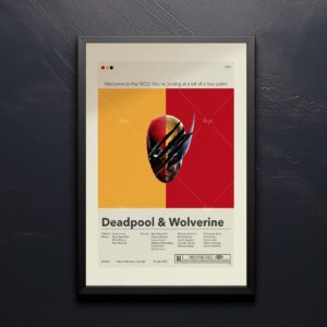 Mid-century modern poster of Deadpool and Wolverine with vintage furniture style