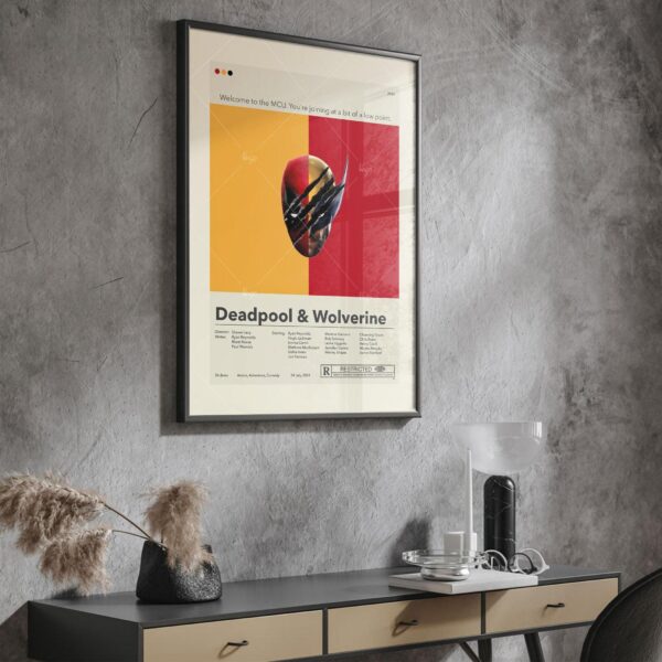 Mid-century modern poster of Deadpool and Wolverine with vintage furniture style